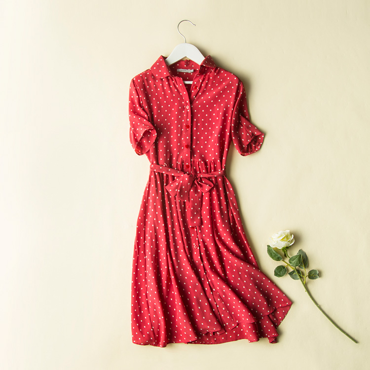 Women-Silk-dress-Luxury-100-Natural-silk-Red-Dots-Print-dress-Belted-dress-Short-sleeved-2017-Spring-32794099519
