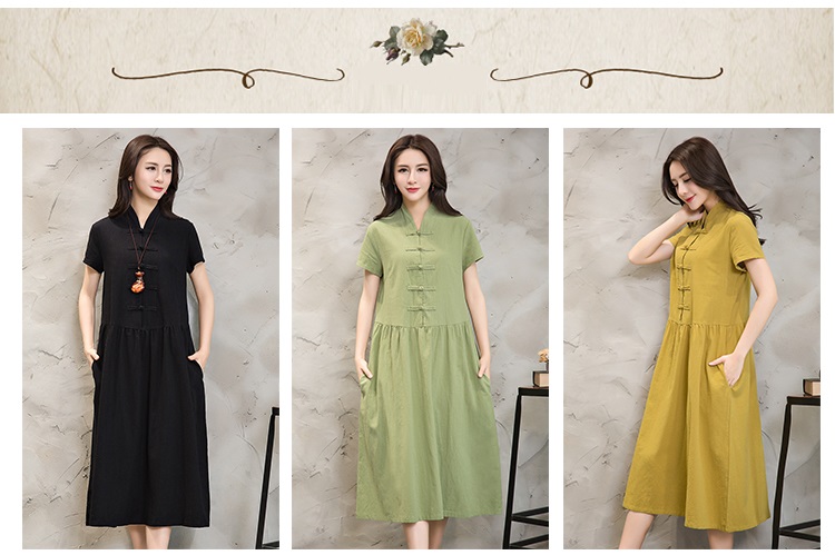 Women-Summer-Dress-Green-Yellow-Black-V-Neck-Cotton-Linen-Dress-Casual-Loose-Short-Sleeve-Dress-Size-32792448484