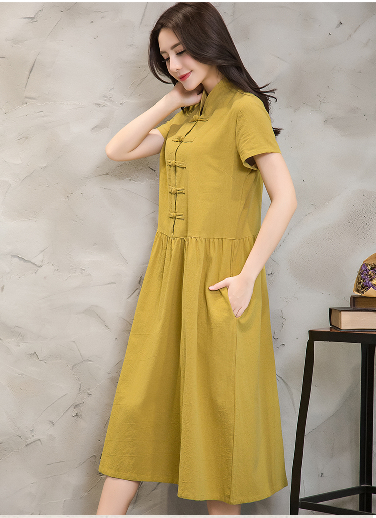 Women-Summer-Dress-Green-Yellow-Black-V-Neck-Cotton-Linen-Dress-Casual-Loose-Short-Sleeve-Dress-Size-32792448484