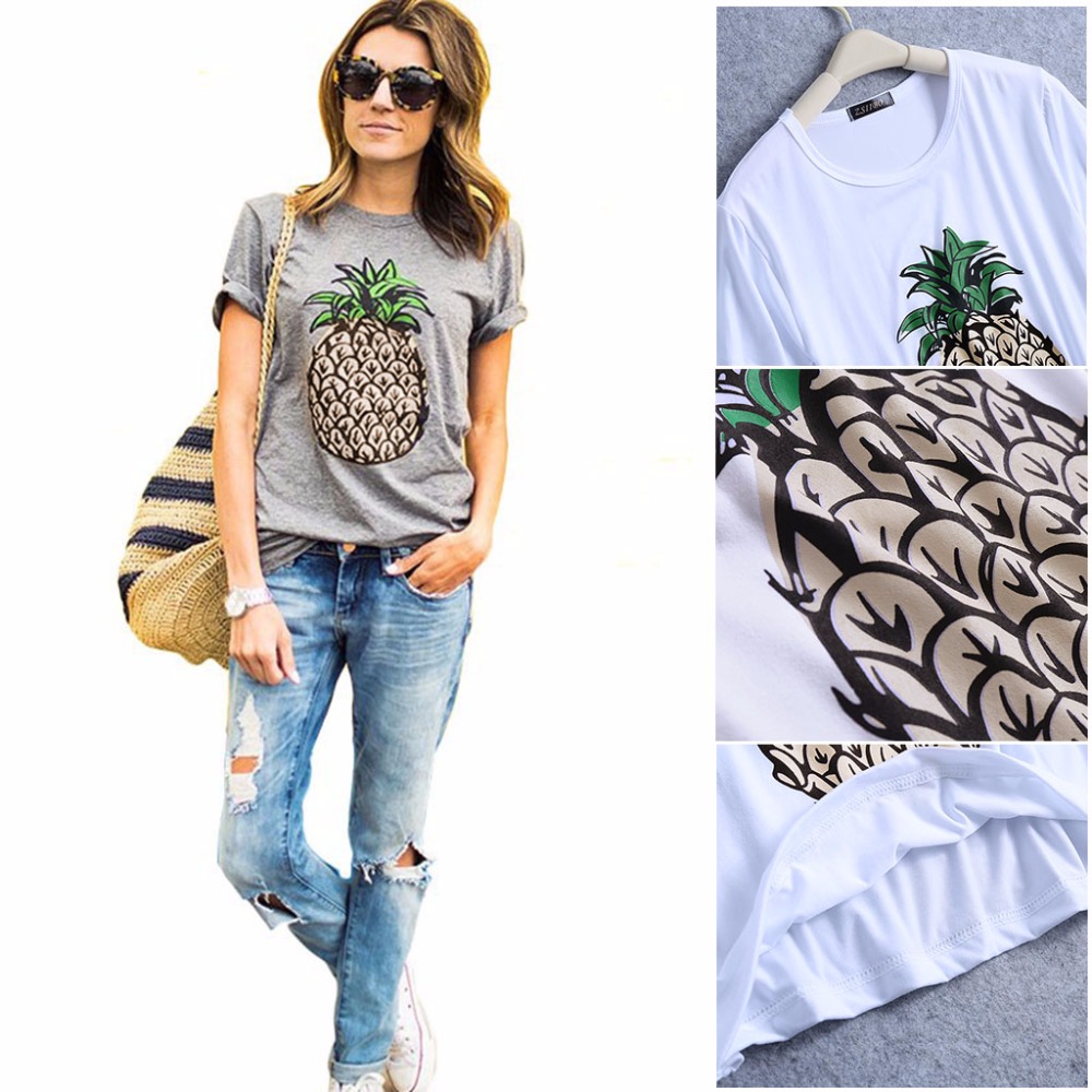 Women-T-Shirt-Round-Collar-Short-Sleeve-Pineapple-Print-Casual-Summer-Designer-New-2017-32801862554