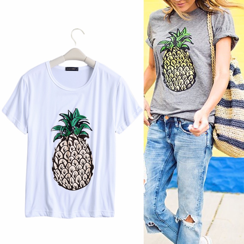 Women-T-Shirt-Round-Collar-Short-Sleeve-Pineapple-Print-Casual-Summer-Designer-New-2017-32801862554