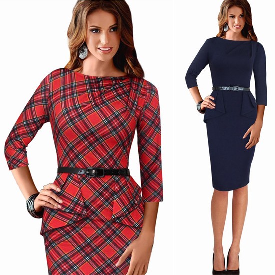 Women-Wear-To-Work-Office-Dress-Knee-Length-Decorate-Ruffle-Three-Quarter-Sleeve-Sheath-Party-Plaid--32576105196