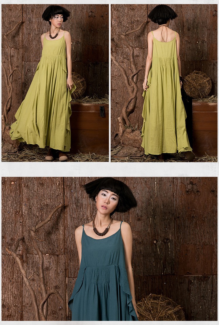 Women-summer-cotton-linen-big-swing-ankle-length-long-dresses-sleeveless-spaghetti-strap-Bohemian-be-32324295043