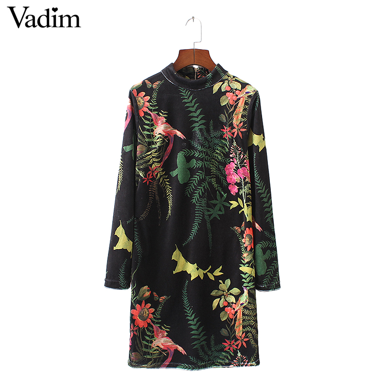 Women-vintage-floral-leaf-velvet-dress-back-zipper-turtleneck-long-sleeve-retro-casual-mini-summer-f-32788446870