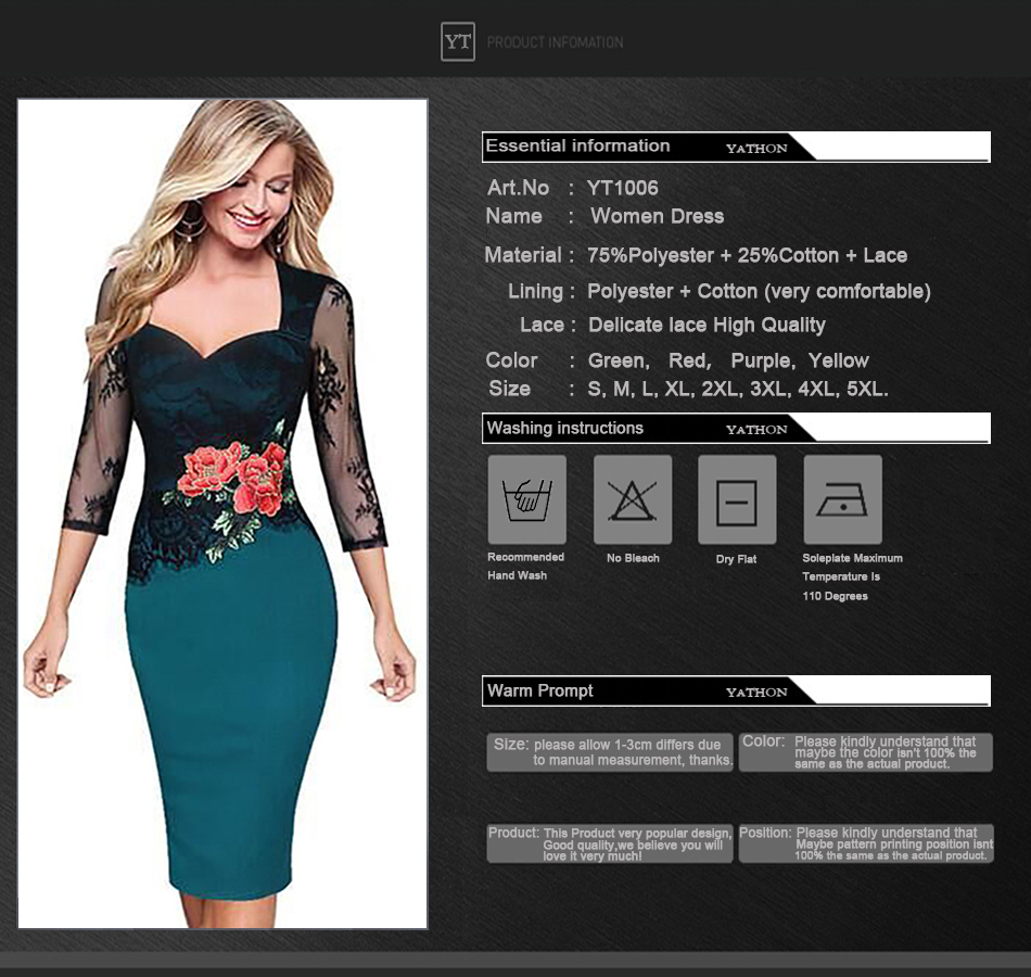 YATHON-Plus-size-5XL-Embroidered-Lace-Bodycon-Dresses-For-Women-Floral-Hollow-Out-Office-Work-Casual-32751973969