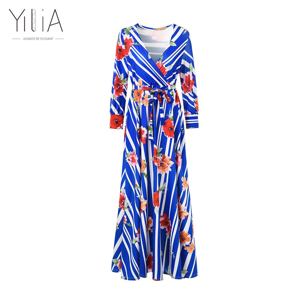 Yilia-2017-Long-Dress-Women-Casual-Summer-Stripe-Floral-Print-Deep-V-Neck-Floor-Length-Puff-Sleeve-S-32786407271