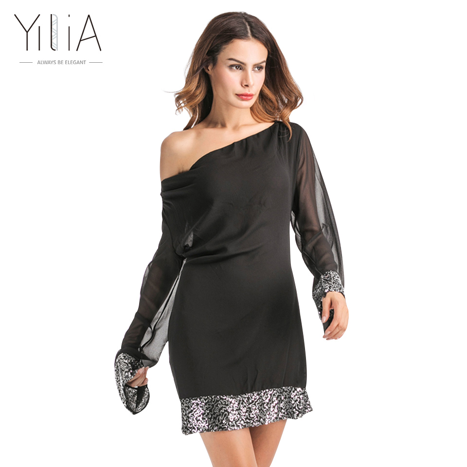 Yilia-2017-Women-Autumn-Summer-Mini-Dress-Sexy-Sequins-Patchwork-Black-Chiffon-Shift-Seethrough-Part-32753747913