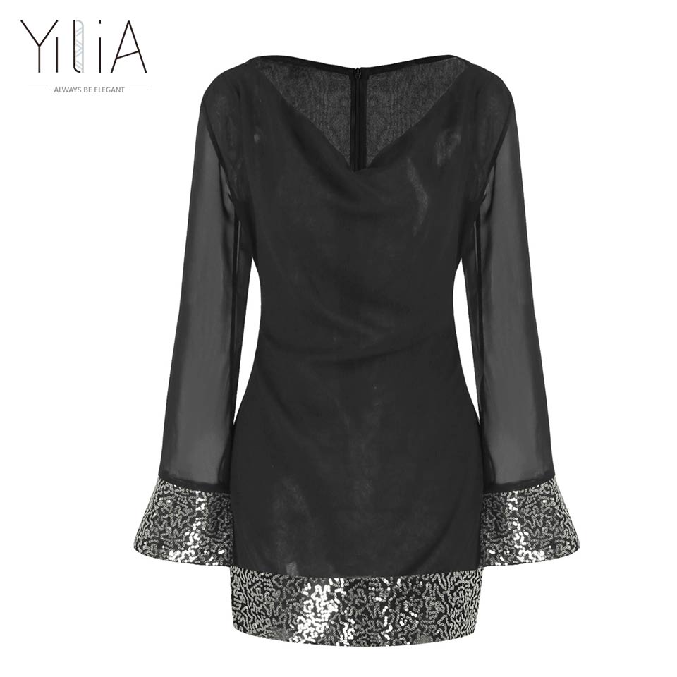 Yilia-2017-Women-Autumn-Summer-Mini-Dress-Sexy-Sequins-Patchwork-Black-Chiffon-Shift-Seethrough-Part-32753747913