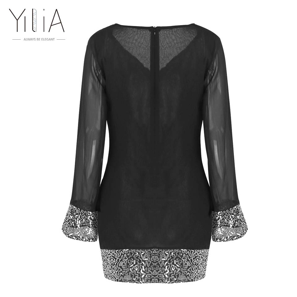 Yilia-2017-Women-Autumn-Summer-Mini-Dress-Sexy-Sequins-Patchwork-Black-Chiffon-Shift-Seethrough-Part-32753747913