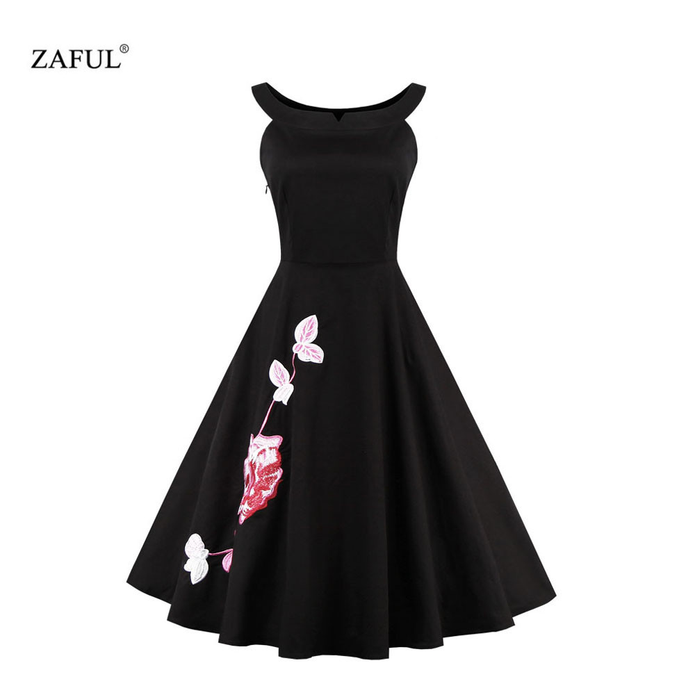 ZAFUL-Brand-Plus-Size-Women-Dress-Vintage-robe-rockabilly-50s-Black-Embroidery-Sleeveless-Swing-Part-32712509302