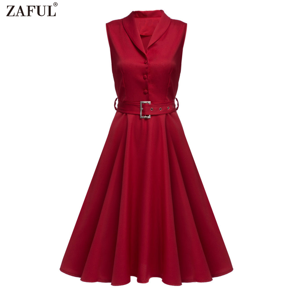 ZAFUL-Plus-Size-Women-Elegant-Sleeveless-Belts-Dress-Solid-Color-Turn-down-Collar-Cotton-Female-Vint-32746010569