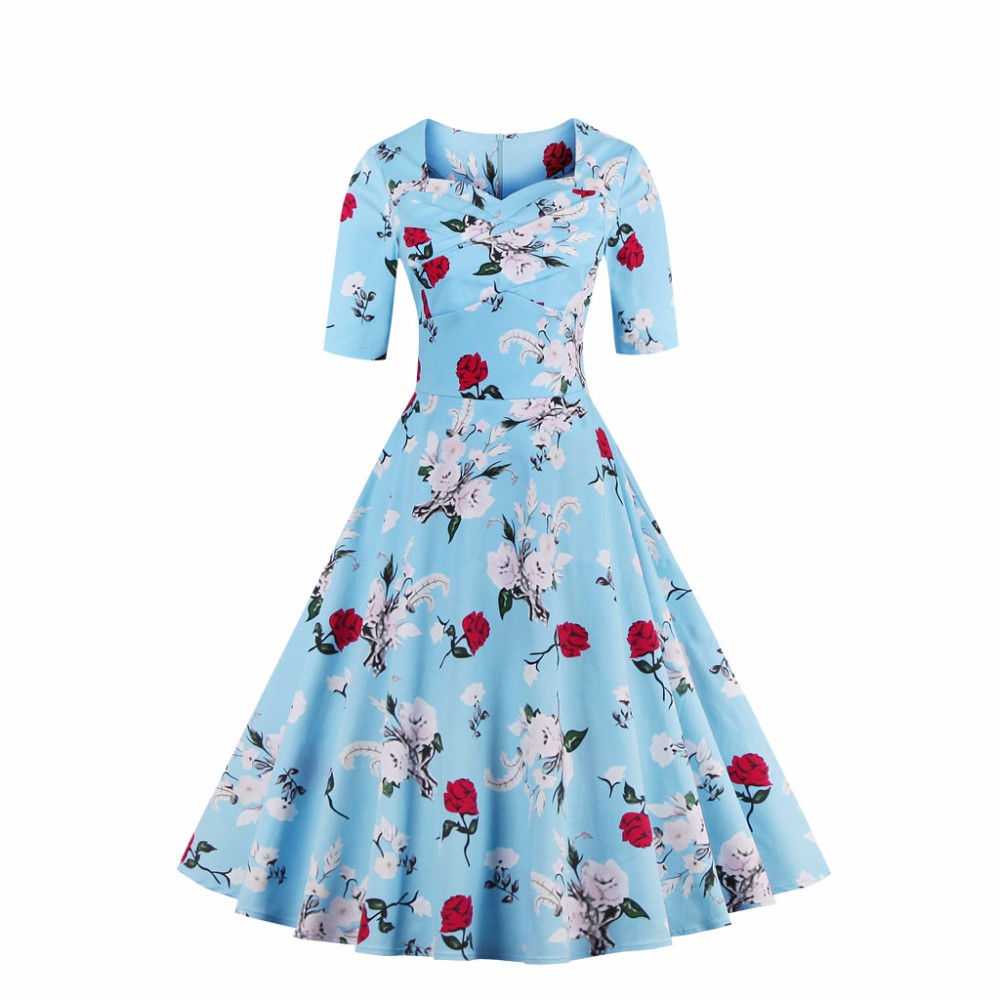 ZAFUL-Spring-Women-Plus-Size-4XL-Cotton-Stretchy-Floral-Print-Vintage-Retro-Dress-Square-Collar-Swin-32753751659