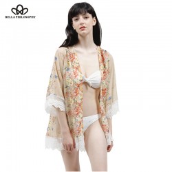 2016 summer autumn new floral flowers placement print loose chiffon kimono Cardigan coat lace hem real photo