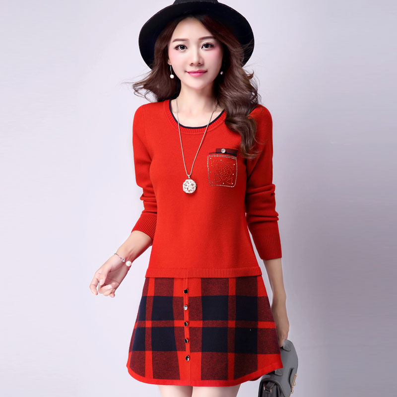 2017 autumn and winter women long-sleeved knit dress A dress Korean ...