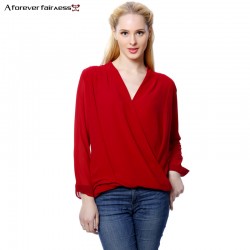 A Forever Spring Women Blouses And Shirt Long Sleeve Chiffon Shirt Front Cross White Red Fashion Chiffon Blusas Spring AFF367