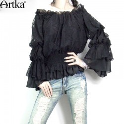 Artka Women's Autumn New Solid Color Embroidery Lace Patchwork Shirt Fshion O-Neck Long Sleeve Shirt With Sashes A02556