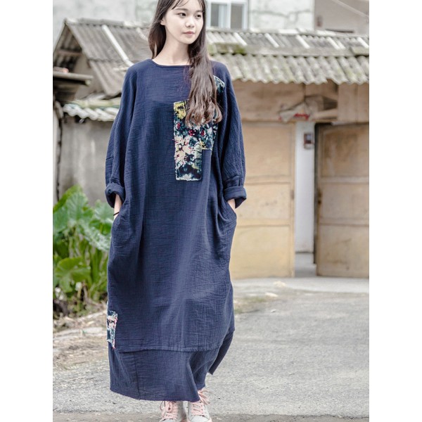 Blue Patchwork Linen Dress Cotton Plus size Women Long Dress Japan ...