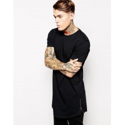 Brand New Clothing Men's Black cotton t shirt Hip Hop Short Sleeve longline Regular t-shirt Zip O-neck streetwear long t shirt
