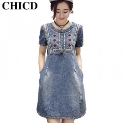 CHICD Summer Women Sundress Retro Vintage Embroidery Soft Jeans Denim Dress O-Neck Mini Casual Plus Size Vestidos Femininos XD56