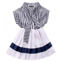 CHINGROSA Novelty Navy Blue Striped Print Pleated Girls Dresses Cotton Summer 2017 Navy Dress Kids Girls Kids Clothes for 2-8T