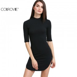 COLROVIE Black Dolphin Hem Half Sleeve Short Sheath Dress Women Basic Autumn Plain Round Neck Bodycon Mini Dress