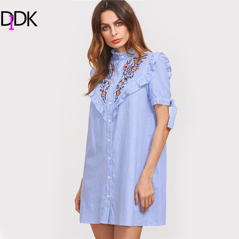 DIDK Women Summer Dress Ladies Short Sleeve Shift Dress Blue Striped ...