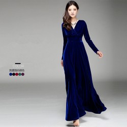 Free Shipping New Fashion Plus Size S-3XL Stretch Velour Dresses For Women Long Maxi One-piece Dress Spring Autumn Velvet V-neck