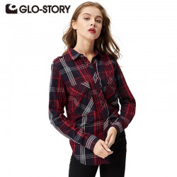 GLO-STORY Women Plaid Blouse 2018 Fashion Casual Women Clothing Long Sleeve Office Check Shirts Blouses Women Tops blusas 3007