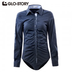 GLO-STORY Women's Shirt 2017 Formal Blouse Long Sleeves Solid Turn-down Office Siamese Shirts Femme Blusas WCS-1249