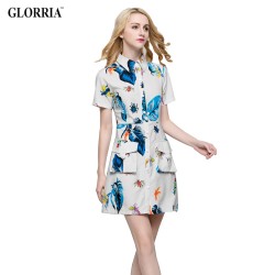 Glorria Women Colorful Insect Leaf Print Shirt Dress Summer Casual Fashion Turn-down Collar Short Sleeve Pockets Mini Dresses