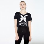 HDY Haoduoyi 2017 Summer Fashion Women Solid Black Punk Style O-neck Short Sleeve T-shirt Letter & Moon Print Crop Top Tees
