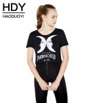 HDY Haoduoyi 2017 Summer Fashion Women Solid Black Punk Style O-neck Short Sleeve T-shirt Letter & Moon Print Crop Top Tees