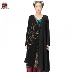 Jiqiuguer Original Brand Linen Tunic Cardigan Flower Autumn Women Patchwork Asymmetrical Long-sleeve Shirt Top 	G143Y018
