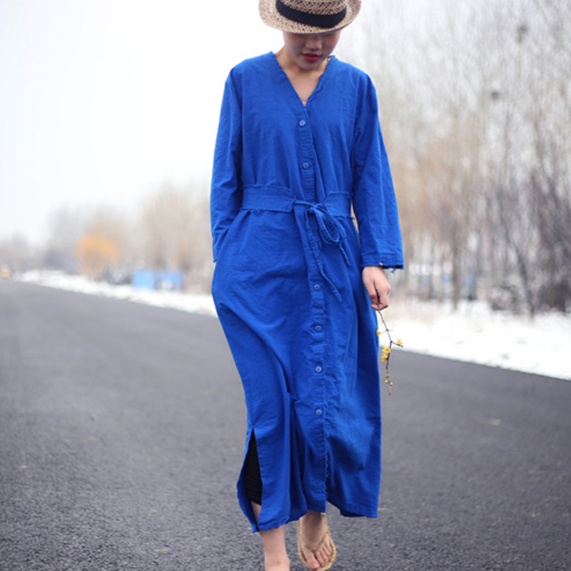 Johnature Women Blue Dress Cotton Linen Button 2018 Autumn Casual ...