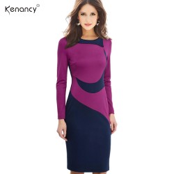 Kenancy Clearance 3XL Plus Size 2 Colors Hit Color Stitching Office Dress Women Long Sleeve Knee-Length Pencil Bodycon Vestidos