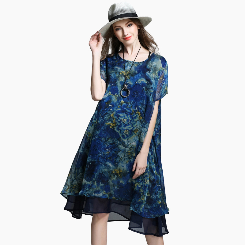 Loose Long Floral Printed Chiffon Dress Short Sleeve Summer Layered ...