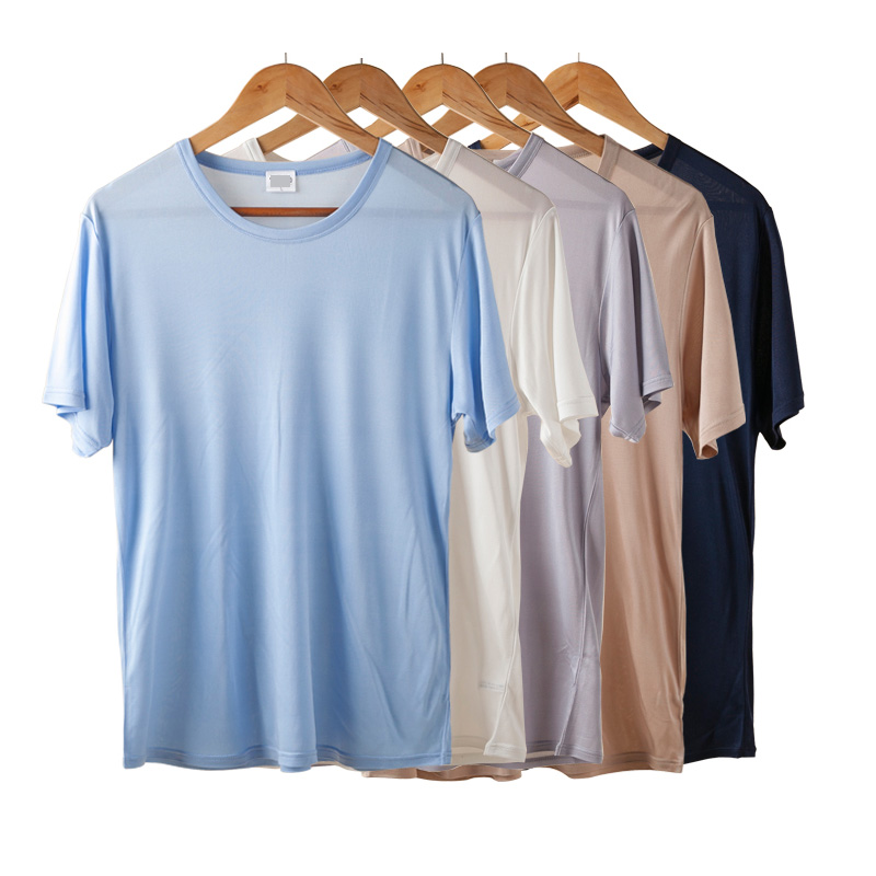 Men basic T shirt 100%Natural Silk Solid shirt Short Sleeve top Mens ...