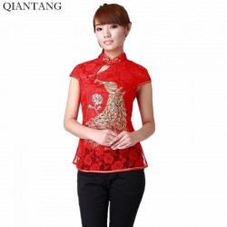 New Arrival Red Female Shirt tops Chinese Classic Style Ladies Summer Lace Blouse Size S M L XL XXL XXXL Feminina Camisa JY035