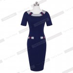 Nice-forever Vintage Button Navy Fitted Dress European Stylish Women Office Formal Business Plus Size Elegant Bodycon Dress b214