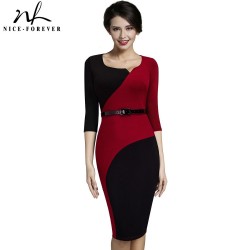 Nice-forever Vintage Mature Classic Work Patchwork Contrast Color 3/4 Sleeve O-Neck Tunic Bodycon Women Office Pencil Dress B358