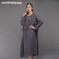 Outline Original Design Women Dress Vintage National Trend Cotton Dress Plus Size Loose Long-sleeve Lace Applique Dress L153Y006