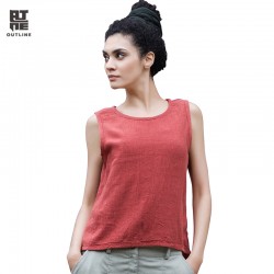 Outline Women Linen Tank Top O-Neck Solid Casual Summer Vest Vintage Sleeveless Lady Tops Ruched Short Loose Camis L142Y001