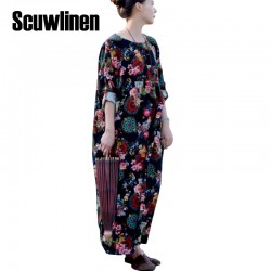 SCUWLINEN 2017 Spring Dress National Trend Vintage Print Long Sleeve Plus Size Robe Loose Casual Maxi Linen Women's Dress S220
