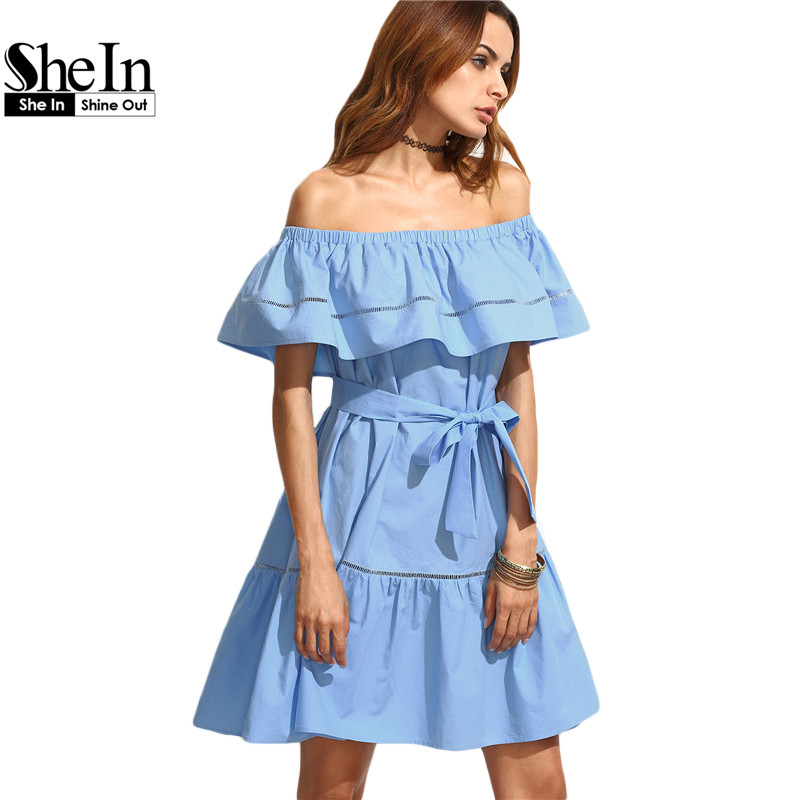 SheIn Summer Dresses For Women Clothing 2016 Blue Tie Waist Hollow ...