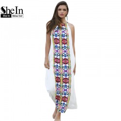 SheIn Women Summer Long Dresses Casual Multicolor Sleeveless Placement Print Keyhole Back Beach Wear Loose Maxi Dress