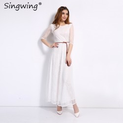 Singwing Women Lace Long style Dresses Hollow Out Casual Dress Summer Leisure Slim Dress with Belt