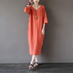 Solid Orange Blue 100% Cotton V-neck Women Long Dress Vintage Plus size Loose Casual Summer Dress Linen Robe Longue Femme A025