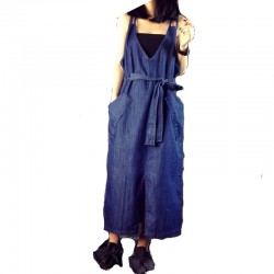 Summer 2018 Women jeans dress Elegant pocket strap Denim Long Dress sleeveless casual Overalls dresses female vestidos WICCON