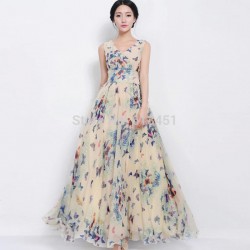 Summer Bohemian Sleeveless Dresses Ladies Chiffon Dress Floral V-neck Ankle-Length Women Dress Brand Vestidos
