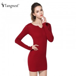 TANGNEST Women Sexy Sweater Dress 2016 Autumn Winter Fashion V Neck Bodycon Basic Mini Solid Color Knitted Dress WZQ208